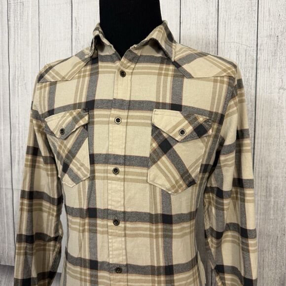 Wrangler Men's Medium Beige Multicolored Button Up Plaid Long Sleeve Shirt - Picture 2 of 10
